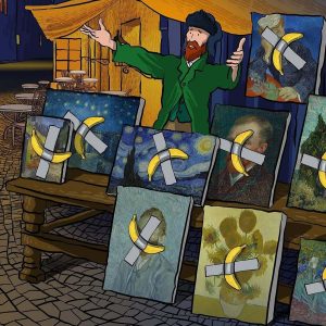 A booth of famous paintings with a creative touch