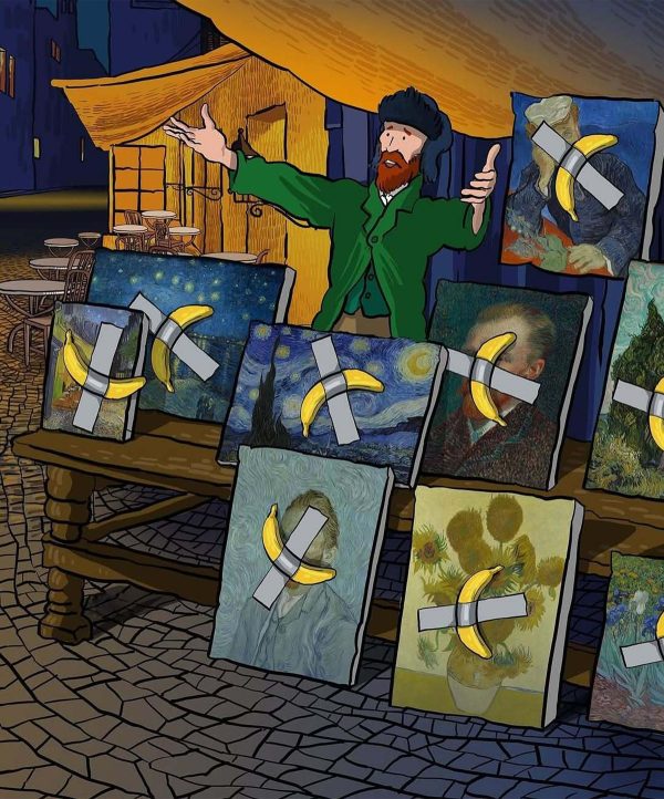 A booth of famous paintings with a creative touch